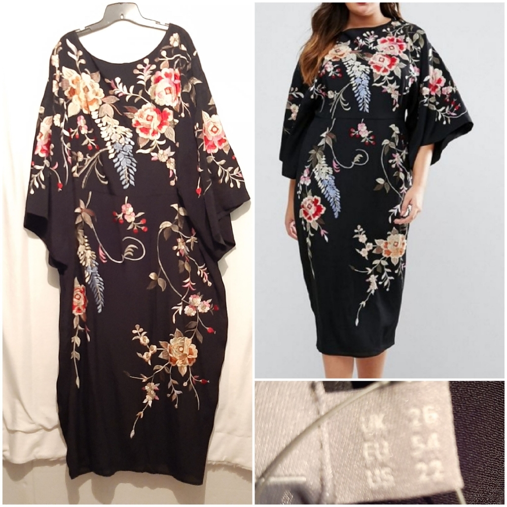 Asos Curve Kimono Sleeve Embroidered Dress